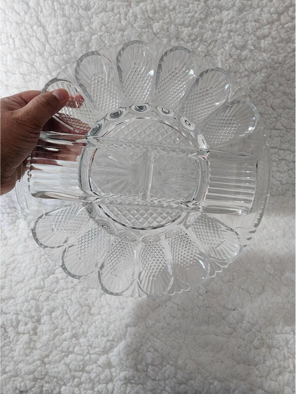 Vintage LE Smith Clear Round Deviled Egg Relish Tray Dimond Pressed Glass 11"